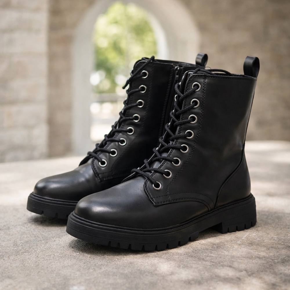 Black tie up boots size 6 1/2 with box.  Worn twice.